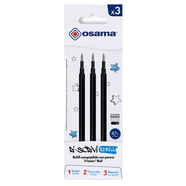 Refill per penne gel cancellabili - punta 0,7 mm - nero - Osama - conf. 3 pezzi Refill per penne gel cancellabili - punta 0,7 mm - nero - Osama - conf. 3 pezzi