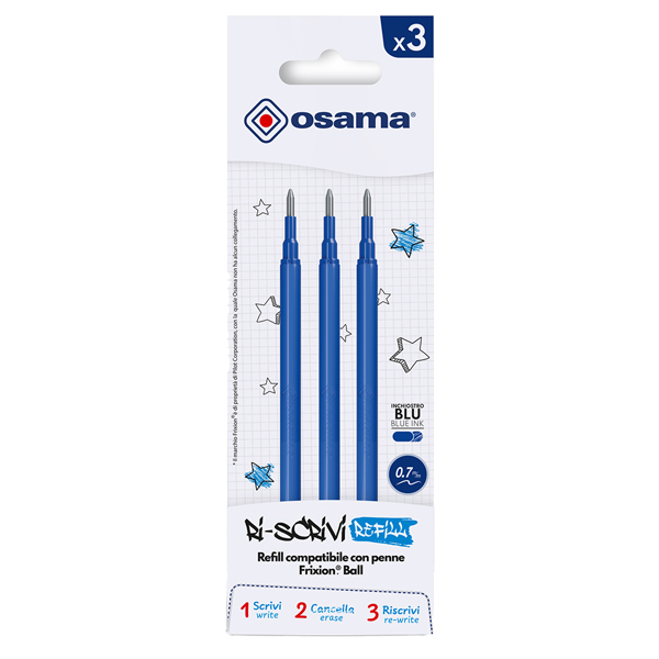 Refill per penne gel cancellabili - punta 0,7 mm - blu - Osama - conf. 3 pezzi Refill per penne gel cancellabili - punta 0,7 mm - blu - Osama - conf. 3 pezzi