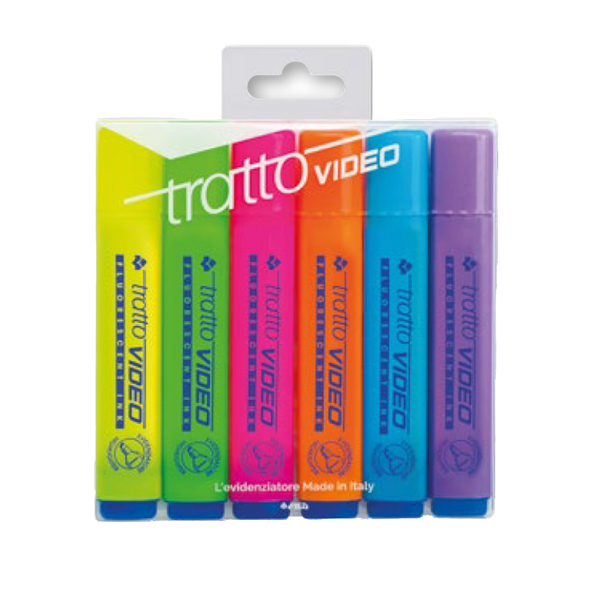 Evidenziatore Tratto Video - punta a scalpello - tratto da 1,0-5,0mm - astuccio 6 colori - Tratto Evidenziatore Tratto Video - punta a scalpello - tratto da 1,0-5,0mm - astuccio 6 colori - Tratto