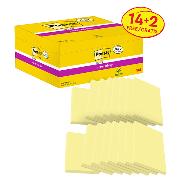 Blocco foglietti Post-it Super Sticky - 655-SSCY-VP16-EU - 76 x 127 mm - giallo Canary - 90 fogli - Post-it - conf. 16 blocchi Blocco foglietti Post-it Super Sticky - 655-SSCY-VP16-EU - 76 x 127 mm - giallo Canary - 90 fogli - Post-it - conf. 16 blocchi