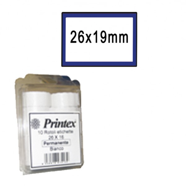 Rotolo da 600 etichette per Printex Z 17 - 26x19 mm - adesivo permanente - bianco - cornice blu - Printex - nero - pack 10 rotoli Rotolo da 600 etichette per Printex Z 17 - 26x19 mm - adesivo permanente - bianco - cornice blu - Printex - nero - pack 10 rotoli