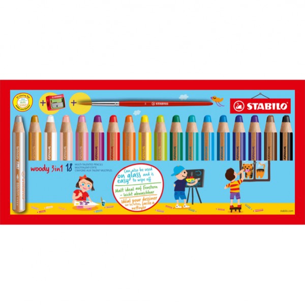 Pastelli Woody 3 in 1 - mina 10 mm - con temperino - Stabilo - astuccio 18 pezzi Pastelli Woody 3 in 1 - mina 10 mm - con temperino - Stabilo - astuccio 18 pezzi