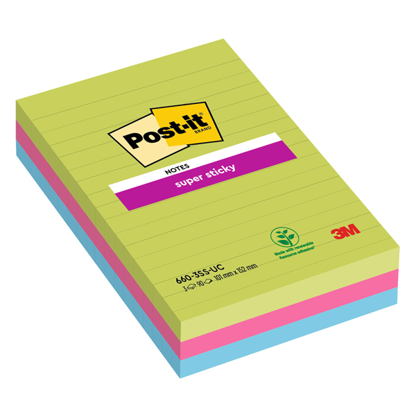 Blocco foglietti Post-it Super Sticky rettangolari - 660-3SSUC - a righe - 101 x 152 mm - colori Ultra - 90 fogli - Post-it Blocco foglietti Post-it Super Sticky rettangolari - 660-3SSUC - a righe - 101 x 152 mm - colori Ultra - 90 fogli - Post-it