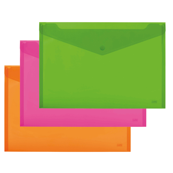 Busta con bottone - 33,5 x 23.5 cm - PP - colori assortiti fluo - Lebez - conf. 3 pezzi Busta con bottone - 33,5 x 23.5 cm - PP - colori assortiti fluo - Lebez - conf. 3 pezzi