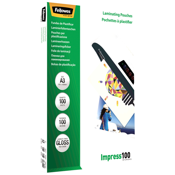 Pouches Impress100 - A3 -303x426 mm - 2x100 mic - Fellowes - scatola 100 pezzi Pouches Impress100 - A3 -303x426 mm - 2x100 mic - Fellowes - scatola 100 pezzi