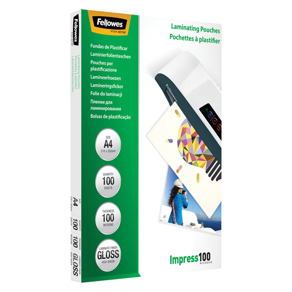 Pouches Impress100 - A4 - 216x303 mm - 2x100 micron - Fellowes - scatola 100 pezzi Pouches Impress100 - A4 - 216x303 mm - 2x100 micron - Fellowes - scatola 100 pezzi