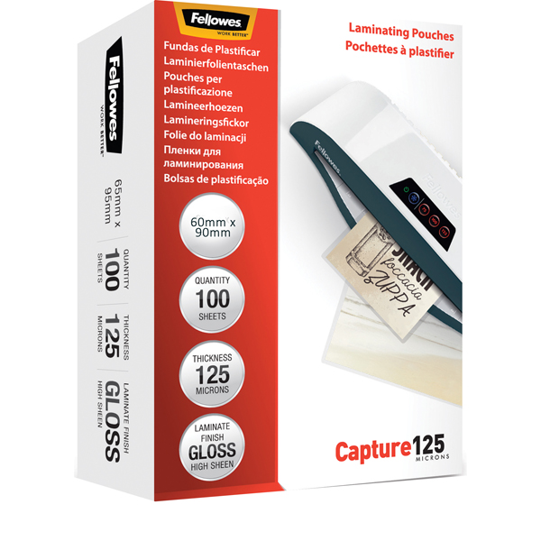 Pouches Capture125 - 60x90 mm - 2x125 micron - Fellowes - scatola 100 pezzi Pouches Capture125 - 60x90 mm - 2x125 micron - Fellowes - scatola 100 pezzi