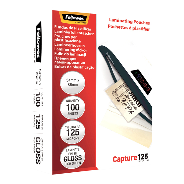 Pouches Capture125 - 65x95 mm - 2x125 micron - Fellowes - scatola 100 pezzi Pouches Capture125 - 65x95 mm - 2x125 micron - Fellowes - scatola 100 pezzi
