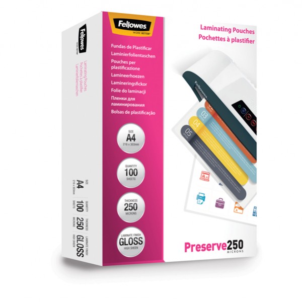 Pouches Preserve250 - A4 - 216x303 mm - 2x250 micron - Fellowes - scatola 100 pezzi Pouches Preserve250 - A4 - 216x303 mm - 2x250 micron - Fellowes - scatola 100 pezzi