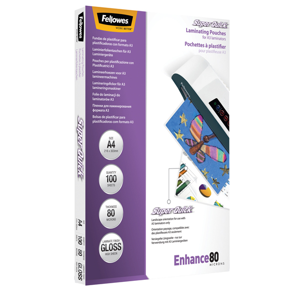 Pouches Enhance80 - Superquick - A4 - 2x80 micron - Fellowes - scatola 100 pezzi Pouches Enhance80 - Superquick - A4 - 2x80 micron - Fellowes - scatola 100 pezzi