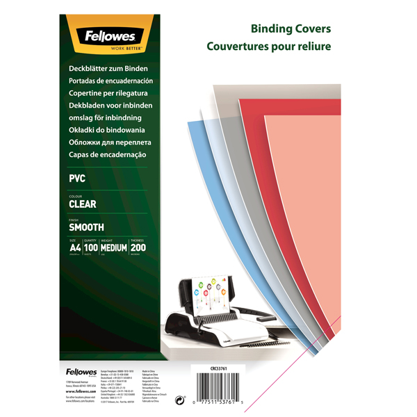 Copertine Clear - A4 - 200 micron - PVC - neutro trasparente - Fellowes - scatola 100 pezzi Copertine Clear - A4 - 200 micron - PVC - neutro trasparente - Fellowes - scatola 100 pezzi