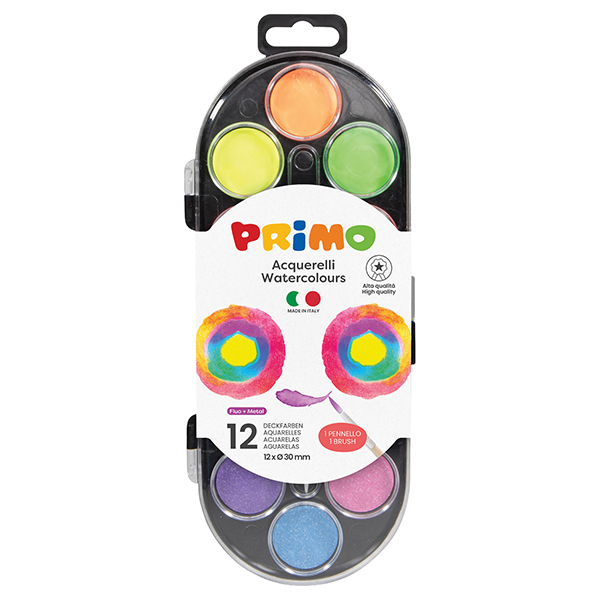 Pastiglie Acquerelli fluo e metal - Primo - astuccio 12 pezzi