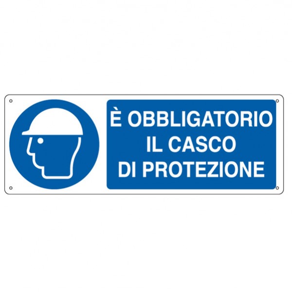 Cartello segnalatore - 35x12,5 cm - E' OBBLIGATORIO IL CASCO DI PROTEZIONE - alluminio - Cartelli Segnalatori Cartello segnalatore - 35x12,5 cm - E' OBBLIGATORIO IL CASCO DI PROTEZIONE - alluminio - Cartelli Segnalatori