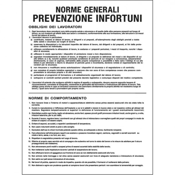 Cartello segnalatore - 50x67 cm - NORME GENERALI PREVENZIONE INFORTUNI - polionda - Cartelli Segnalatori Cartello segnalatore - 50x67 cm - NORME GENERALI PREVENZIONE INFORTUNI - polionda - Cartelli Segnalatori