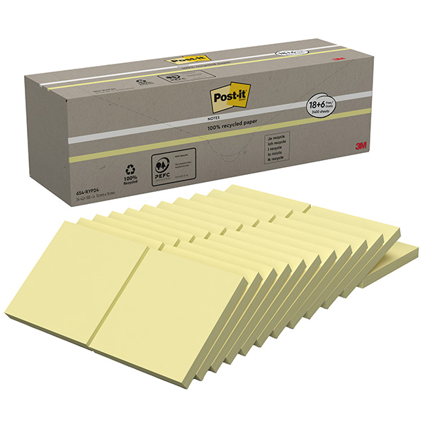 Blocco Post-it - 654-RYP24 - 76 x 76 mm - carta riciclata - giallo - 100 fogli - Post-it - conf. 24 blocchi Blocco Post-it - 654-RYP24 - 76 x 76 mm - carta riciclata - giallo - 100 fogli - Post-it - conf. 24 blocchi