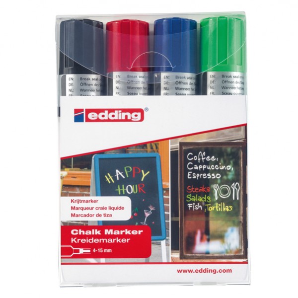 Marcatore a gesso liquido 4090 - punta scalpello - da 4 a 15mm - Edding - astuccio 4 pezzi Marcatore a gesso liquido 4090 - punta scalpello - da 4 a 15mm - Edding - astuccio 4 pezzi