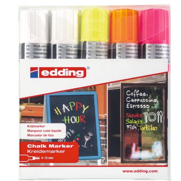 Marcatore a gesso liquido 4090 - punta scalpello - da 4 a 15mm - Edding - astuccio 5 pezzi Marcatore a gesso liquido 4090 - punta scalpello - da 4 a 15mm - Edding - astuccio 5 pezzi