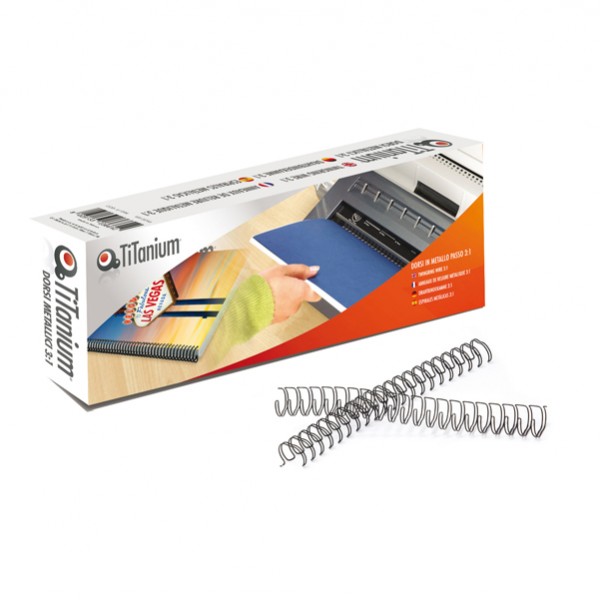 Dorsi spirale - metallo - 34 anelli passo 3:1 - 10 mm - nero - Titanium - scatola 50 pezzi Dorsi spirale - metallo - 34 anelli passo 3:1 - 10 mm - nero - Titanium - scatola 50 pezzi
