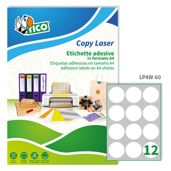 Etichette adesive tonde LP4W - in carta - con margini - permanenti - diametro 60 mm - 12 et/fg - 100 fogli - bianco - Tico Etichette adesive tonde LP4W - in carta - con margini - permanenti - diametro 60 mm - 12 et/fg - 100 fogli - bianco - Tico