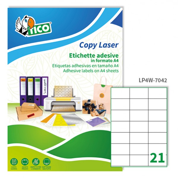 Etichette adesive LP4W - in carta - permanenti - 70 x 42,3 mm - 21 et/fg - 100 fogli - bianco - Tico