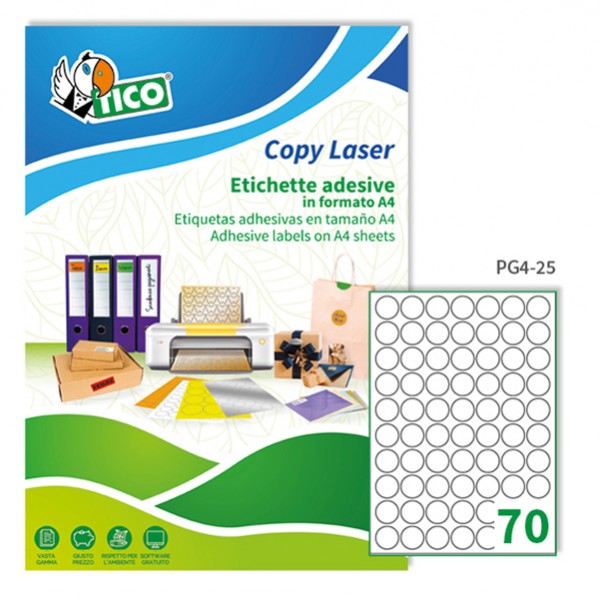 Etichette adesive tonde PG4 - in carta - laser - permanenti - diametro 25 mm - 70 et/fg - 100 fogli - bianco lucida - Tico Etichette adesive tonde PG4 - in carta - laser - permanenti - diametro 25 mm - 70 et/fg - 100 fogli - bianco lucida - Tico