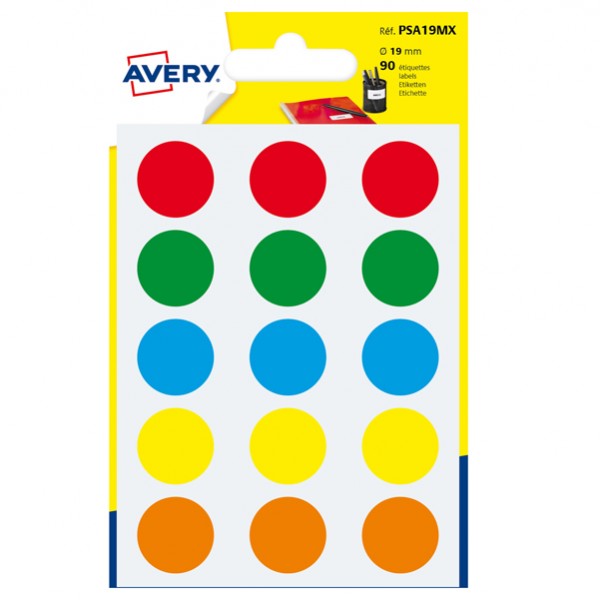 Etichette adesive tonde PSA - in carta - permanenti - diametro 19 mm - 15 et/fg - 6 fogli - colori assortiti - Avery Etichette adesive tonde PSA - in carta - permanenti - diametro 19 mm - 15 et/fg - 6 fogli - colori assortiti - Avery