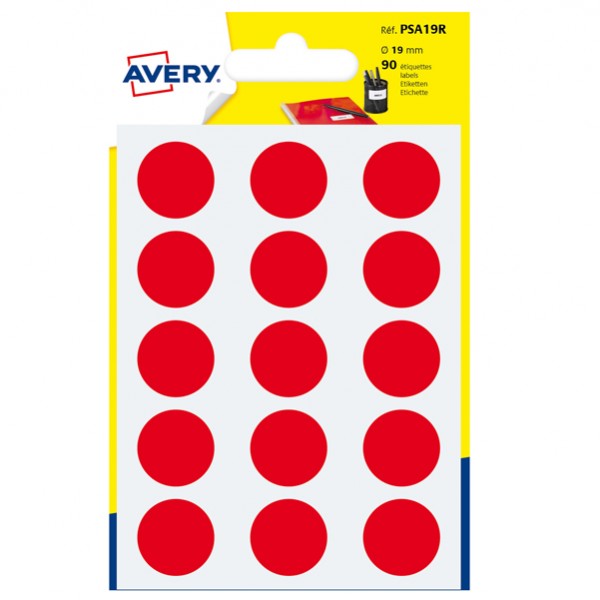 Etichette adesive tonde PSA - in carta - permanenti - diametro 19 mm - 15 et/fg - 6 fogli - rosso - Avery Etichette adesive tonde PSA - in carta - permanenti - diametro 19 mm - 15 et/fg - 6 fogli - rosso - Avery