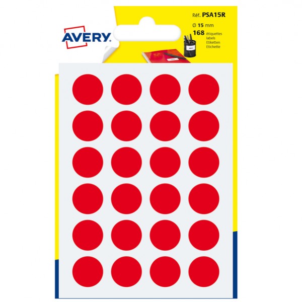 Etichette adesive tonde PSA - in carta - permanenti - diametro 15 mm - 24 et/fg - 7 fogli - rosso - Avery Etichette adesive tonde PSA - in carta - permanenti - diametro 15 mm - 24 et/fg - 7 fogli - rosso - Avery