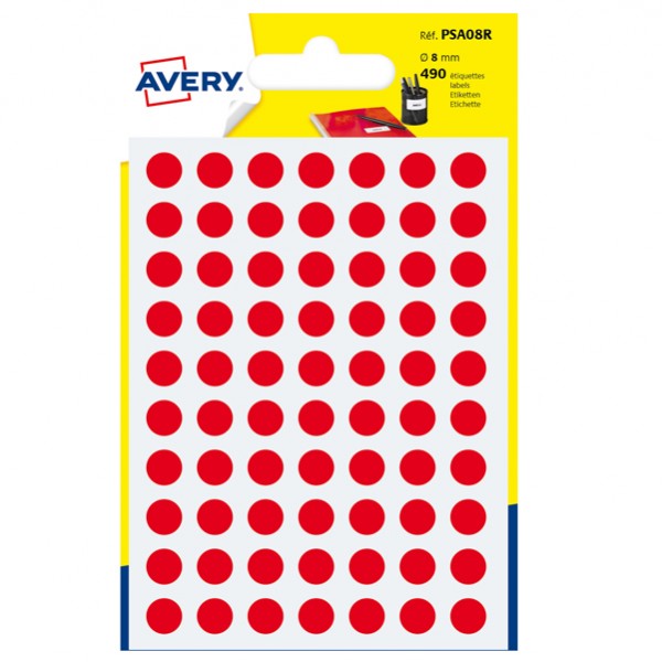 Etichette adesive tonde PSA - in carta - permanenti - diametro 8 mm - 70 et/fg - 7 fogli - rosso - Avery Etichette adesive tonde PSA - in carta - permanenti - diametro 8 mm - 70 et/fg - 7 fogli - rosso - Avery