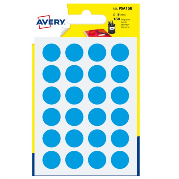 Etichette adesive tonde PSA - in carta - permanenti - diametro 15 mm - 24 et/fg - 7 fogli - blu - Avery Etichette adesive tonde PSA - in carta - permanenti - diametro 15 mm - 24 et/fg - 7 fogli - blu - Avery