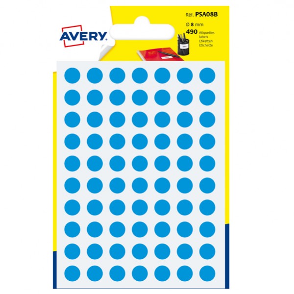 Etichette adesive tonde PSA - in carta - permanenti - diametro 8 mm - 70 et/fg - 7 fogli - blu - Avery Etichette adesive tonde PSA - in carta - permanenti - diametro 8 mm - 70 et/fg - 7 fogli - blu - Avery
