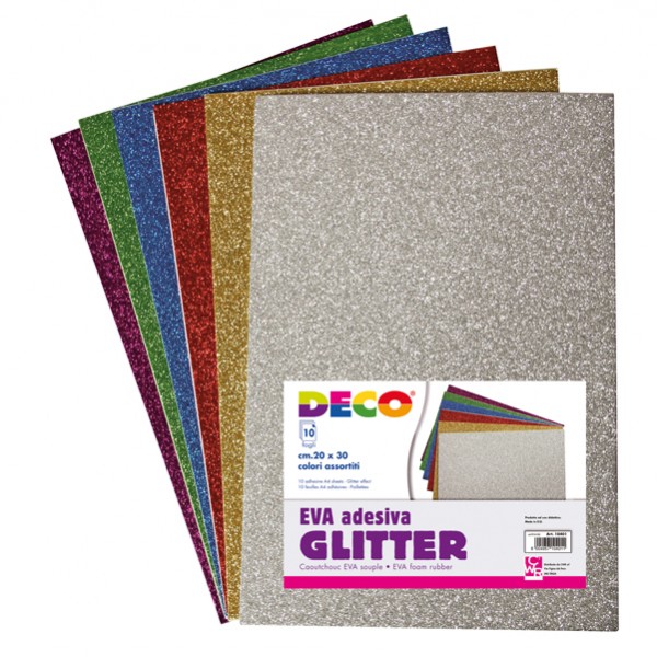 Gomma crepp glitter adesiva - 20 x 30 cm - colori assortiti - DECO - busta 10 fogli Gomma crepp glitter adesiva - 20 x 30 cm - colori assortiti - DECO - busta 10 fogli