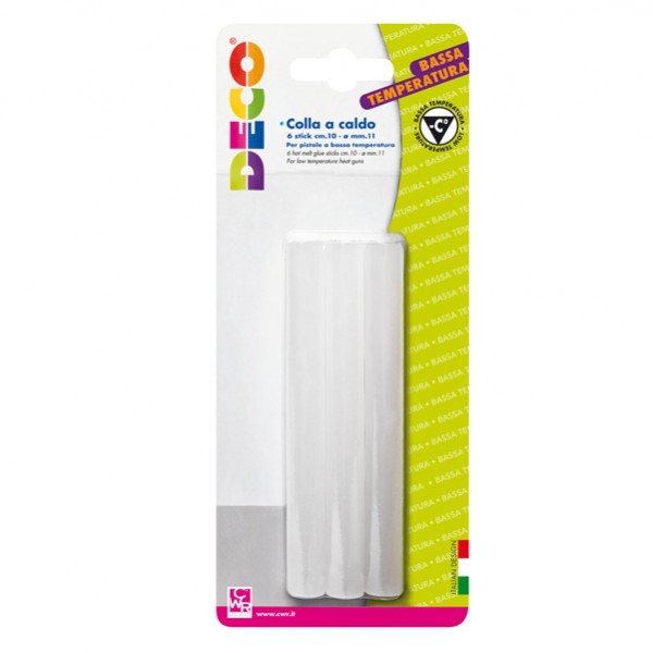 Stick per pistola colla a caldo- 11mmx10cm - trasparente - bassa temperatura - Deco - conf. 6 pezzi Stick per pistola colla a caldo- 11mmx10cm - trasparente - bassa temperatura - Deco - conf. 6 pezzi