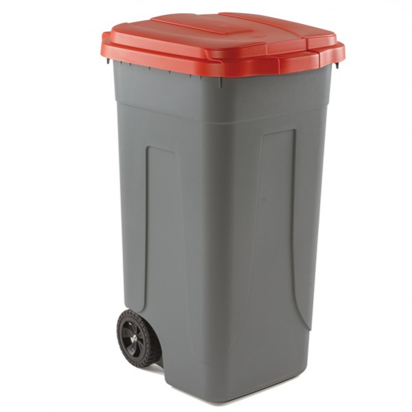 Bidone mobile - 49x54x85 cm - con chiusura a clip - 100 L - grigio/rosso - Mobil Plastic Bidone mobile - 49x54x85 cm - con chiusura a clip - 100 L - grigio/rosso - Mobil Plastic