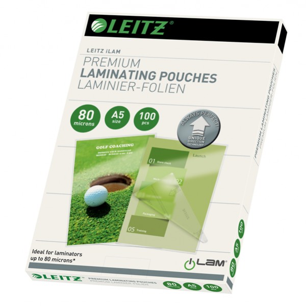 Pouches iLAM UDT - plastificazione a caldo - A5 - 154 x 216 mm - 2 x 80 micron - Leitz - scatola 100 pezzi Pouches iLAM UDT - plastificazione a caldo - A5 - 154 x 216 mm - 2 x 80 micron - Leitz - scatola 100 pezzi