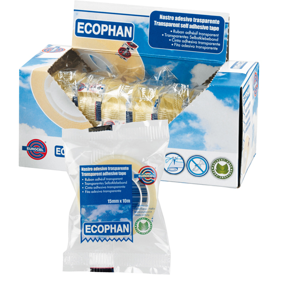 Nastro adesivo Ecophan - confezionato singolarmente - 15 mm x 10 m - acrilico - trasparente - Eurocel Nastro adesivo Ecophan - confezionato singolarmente - 15 mm x 10 m - acrilico - trasparente - Eurocel