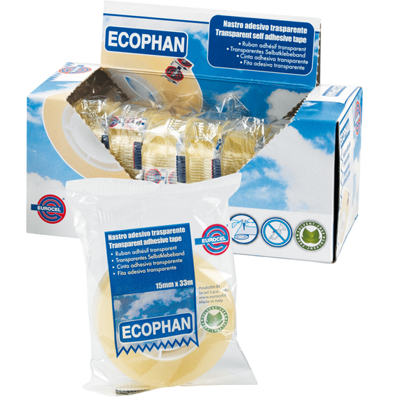 Nastro adesivo Ecophan - confezionato singolarmente - 15 mm x 33 m - acrilico - trasparente - Eurocel Nastro adesivo Ecophan - confezionato singolarmente - 15 mm x 33 m - acrilico - trasparente - Eurocel
