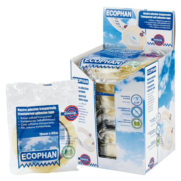 Nastro adesivo Ecophan - confezionato singolarmente - 19 mm x 66 m - acrilico - trasparente - Eurocel Nastro adesivo Ecophan - confezionato singolarmente - 19 mm x 66 m - acrilico - trasparente - Eurocel