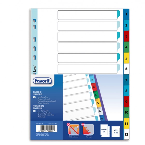 Divisori numerici 12 tacche - A4 - PP - colori assortiti - Favorit Divisori numerici 12 tacche - A4 - PP - colori assortiti - Favorit