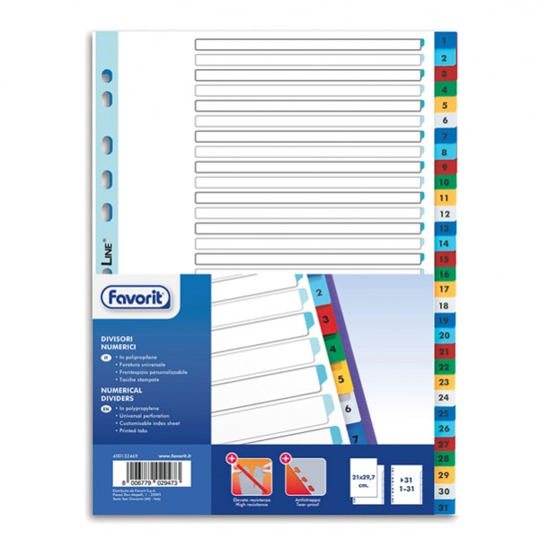 Divisori numerici 31 tacche - A4 - PP - colori assortiti - Favorit Divisori numerici 31 tacche - A4 - PP - colori assortiti - Favorit