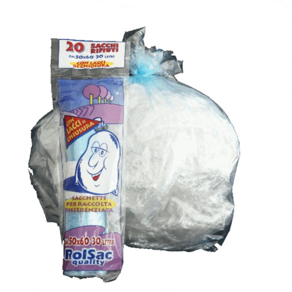 Sacchi - 50 x 60 cm - 30 L - 16 micron - MDPE/HDPE - azzurro trasparente - Rolsac - conf. 20 pezzi