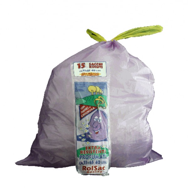 Sacchi - 55 x 65 cm - 44 L - 18 micron - con maniglie - MDPE/HDPE - viola - Rolsac - conf. 15 pezzi Sacchi - 55 x 65 cm - 44 L - 18 micron - con maniglie - MDPE/HDPE - viola - Rolsac - conf. 15 pezzi