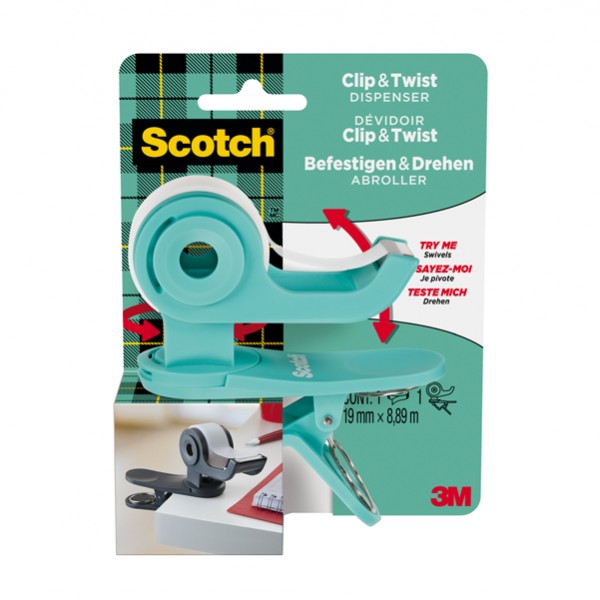Dispenser Clip & Twist - per nastri 33 m - rotolo da 1,9 cm x 9,8 m incluso - menta - Scotch