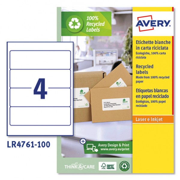 Etichette per raccoglitori - in carta riciclata - permanenti - 61 x 192 mm - 4 et/fg - 100 fogli - bianco - Avery Etichette per raccoglitori - in carta riciclata - permanenti - 61 x 192 mm - 4 et/fg - 100 fogli - bianco - Avery