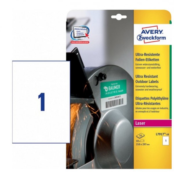 Etichette protezione e sicurezza - in PE - laser - permanenti - 210 x 297 mm - 1 et/fg - 10 fogli - bianco - Avery Etichette protezione e sicurezza - in PE - laser - permanenti - 210 x 297 mm - 1 et/fg - 10 fogli - bianco - Avery