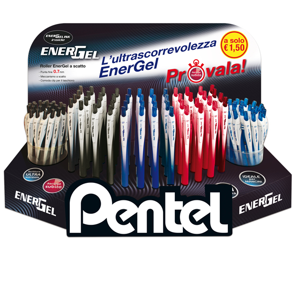 Roller Energel Slim - punta 0,7 mm - 3 colori assortiti (blu/nero/rosso - Pentel - expo 120 pezzi Roller Energel Slim - punta 0,7 mm - 3 colori assortiti (blu/nero/rosso - Pentel - expo 120 pezzi