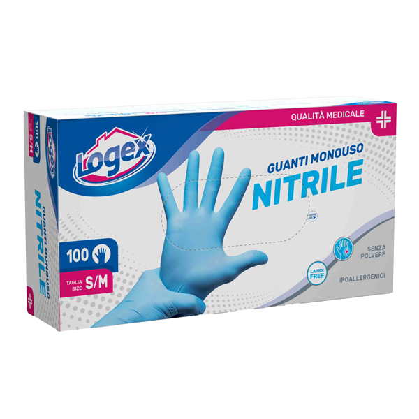 Guanti in nitrile non talcato - per uso medicale - taglia S/M - azzurro - Logex Professional - scatola 100 pezzi Guanti in nitrile non talcato - per uso medicale - taglia S/M - azzurro - Logex Professional - scatola 100 pezzi