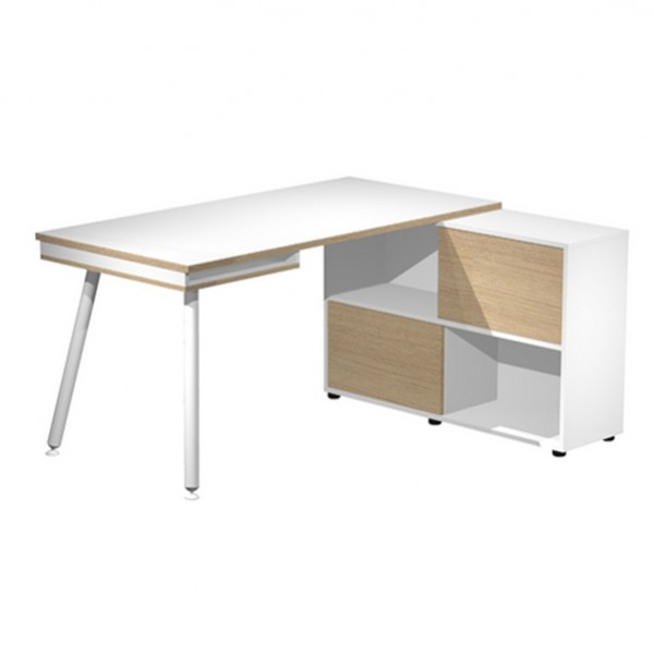 Workstation Midi - gambe in metallo - 130 x 120 x H 81,5 cm - bianco / rovere