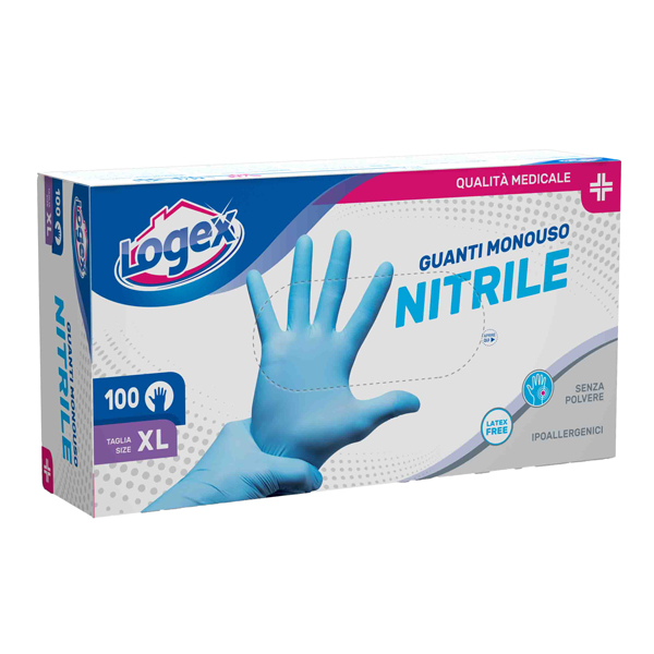 Guanti in nitrile non talcato - per uso medicale - taglia XL - azzurro - Logex Professional - scatola 100 pezzi Guanti in nitrile non talcato - per uso medicale - taglia XL - azzurro - Logex Professional - scatola 100 pezzi