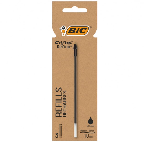 Refill sfera Cristal Re'New - punta 1 mm - nero - Bic - blister 3 pezzi Refill sfera Cristal Re'New - punta 1 mm - nero - Bic - blister 3 pezzi